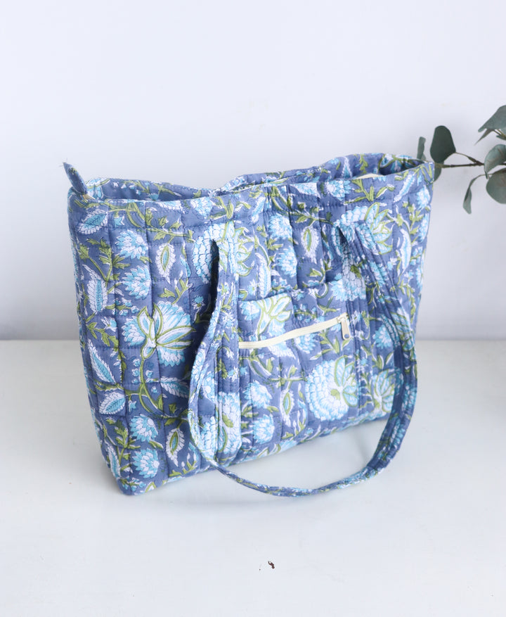Block Print Multi Pocket Tote Bag - Blue Floral - Quilted Women&