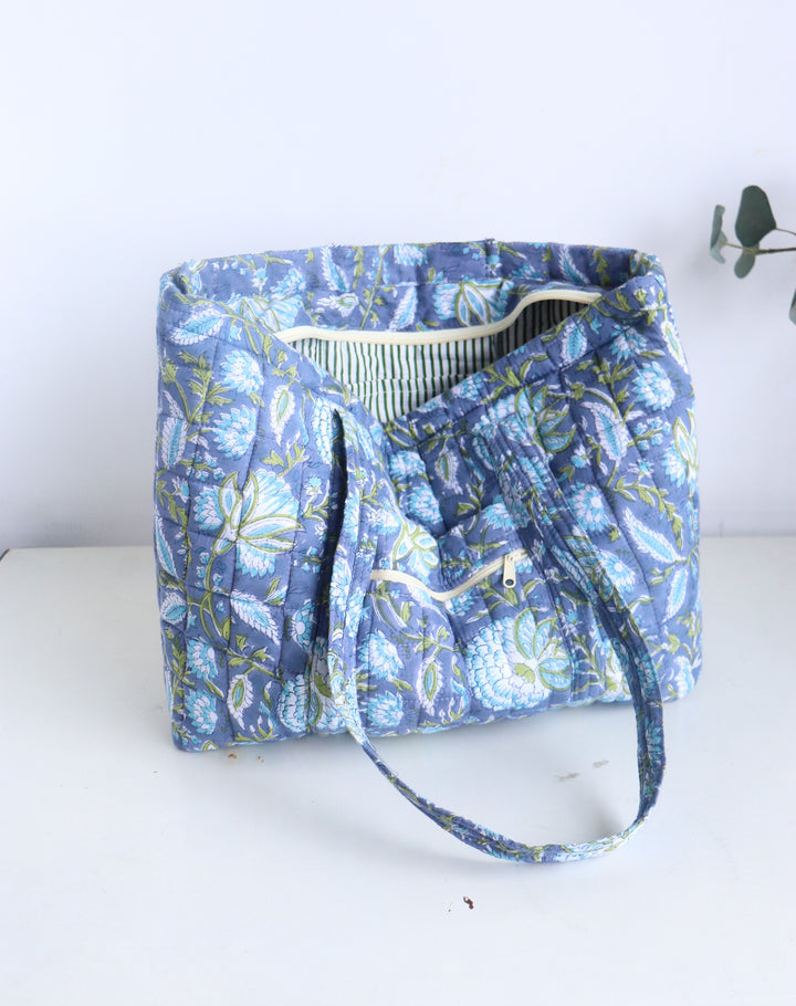 Block Print Multi Pocket Tote Bag - Blue Floral - Quilted Women&