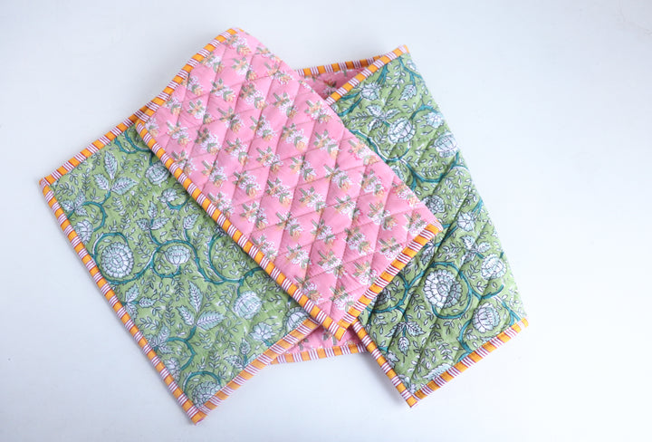 Block Print Quilted Placemats - Reversible - Set of 2 - Pink &amp; Green - 13 x 19 inches