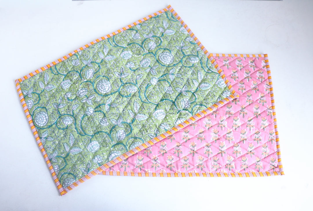 Block Print Quilted Placemats - Reversible - Set of 2 - Pink &amp; Green - 13 x 19 inches