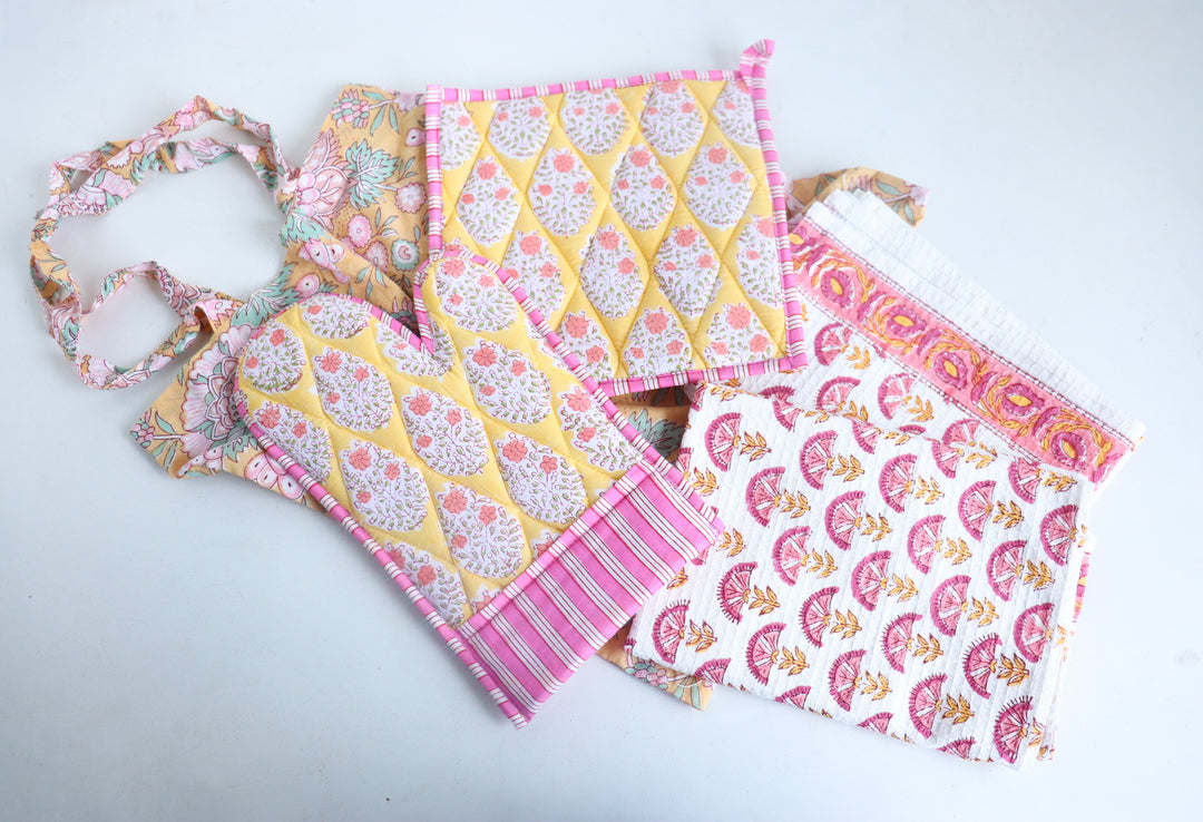 Home Chef Gift Set - Block Print Handmade Kitchen Essentials - Yellow