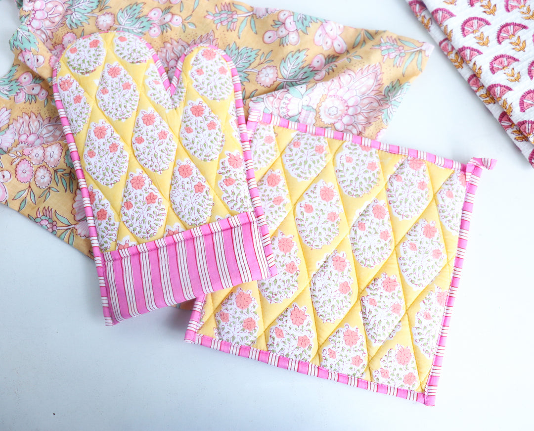Home Chef Gift Set - Block Print Handmade Kitchen Essentials - Yellow