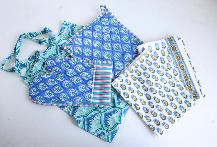 Home Chef Gift Set - Block Print Handmade Kitchen Essentials - Blue