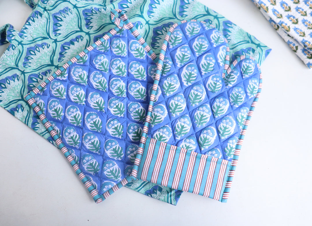 Home Chef Gift Set - Block Print Handmade Kitchen Essentials - Blue