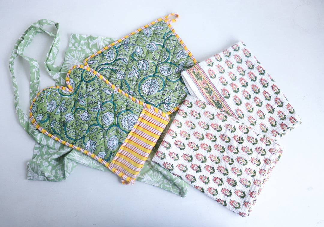 Home Chef Gift Set - Block Print Handmade Kitchen Essentials - Green