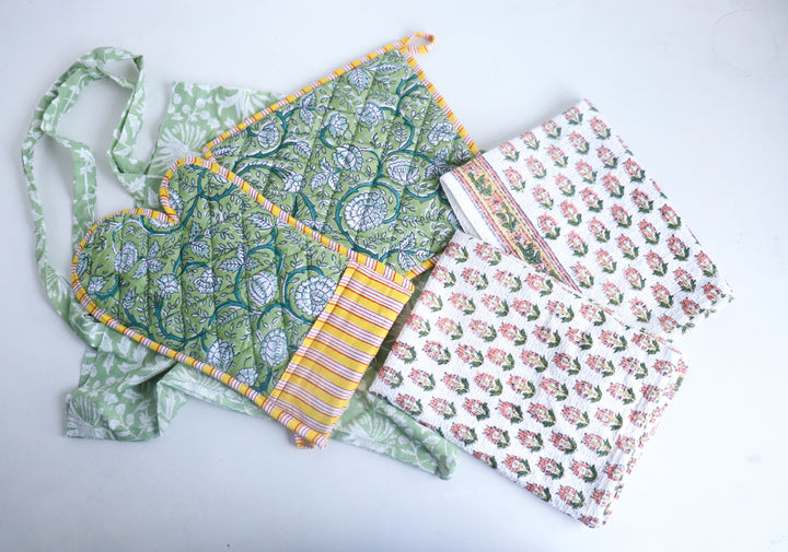 Home Chef Gift Set - Block Print Handmade Kitchen Essentials - Green