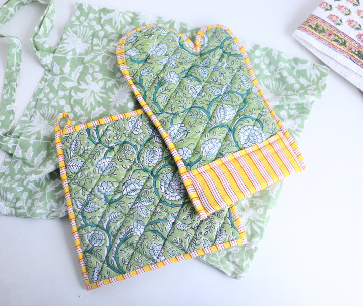 Home Chef Gift Set - Block Print Handmade Kitchen Essentials - Green