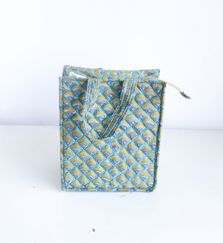 Lunch Tote bags - Block print quilted lunch bags - Teal Geometric