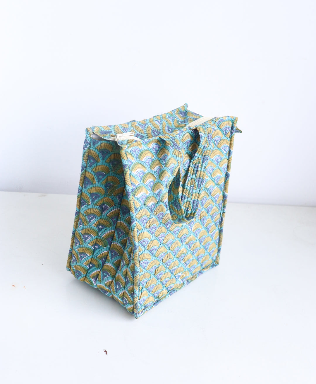 Lunch Tote bags - Block print quilted lunch bags - Teal Geometric