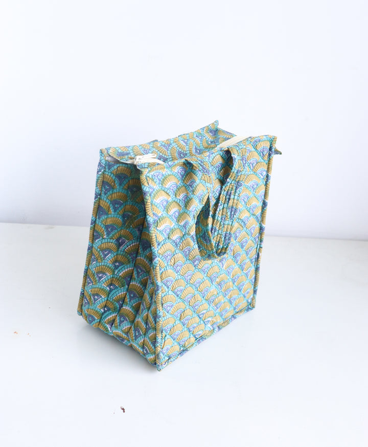 Lunch Tote bags - Block print quilted lunch bags - Teal Geometric