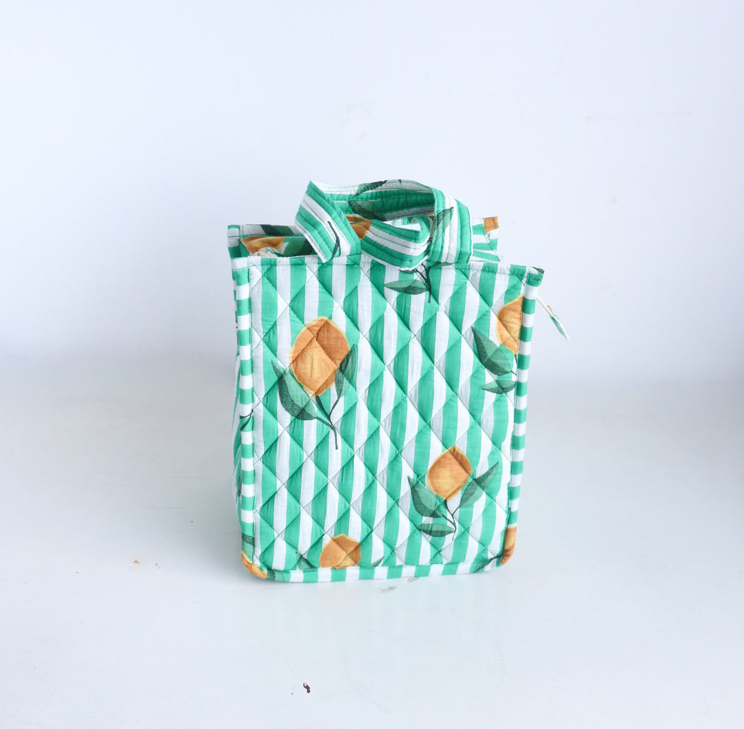 Fruity Mini Tote bags - Lunch tote bag - Boho quilted lunch bags - Green Lemons