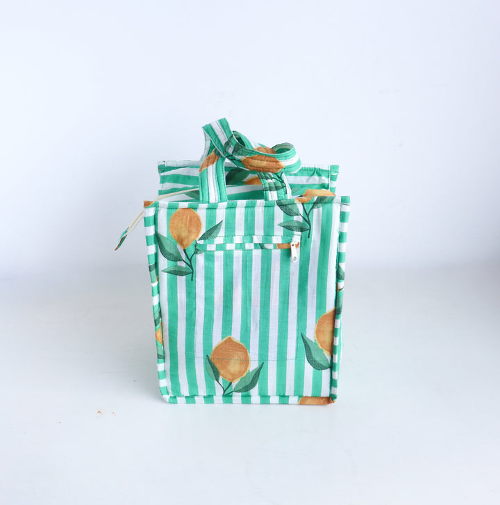 Fruity Mini Tote bags - Lunch tote bag - Boho quilted lunch bags - Green Lemons