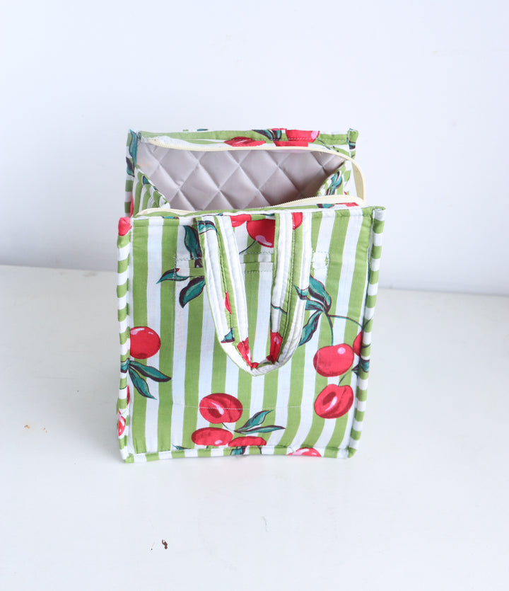 Fruity Mini Tote bags - Lunch tote bag - Boho quilted lunch bags - Green Cherries