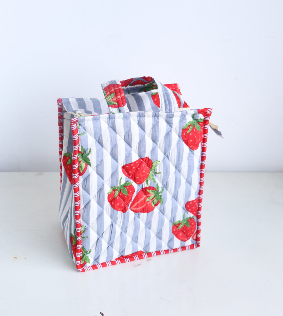 Fruity Mini Tote bags - Lunch tote bag - Boho quilted lunch bags - Grey strawberries