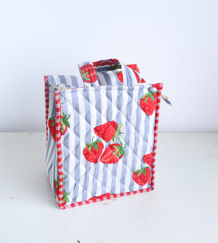 Fruity Mini Tote bags - Lunch tote bag - Boho quilted lunch bags - Grey strawberries
