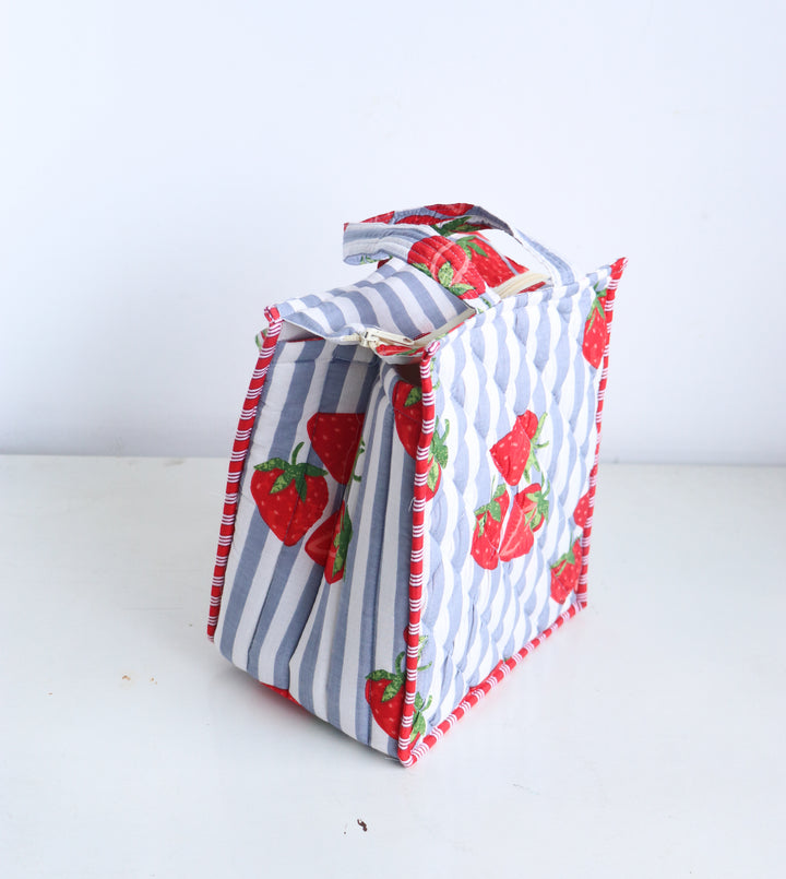 Fruity Mini Tote bags - Lunch tote bag - Boho quilted lunch bags - Grey strawberries