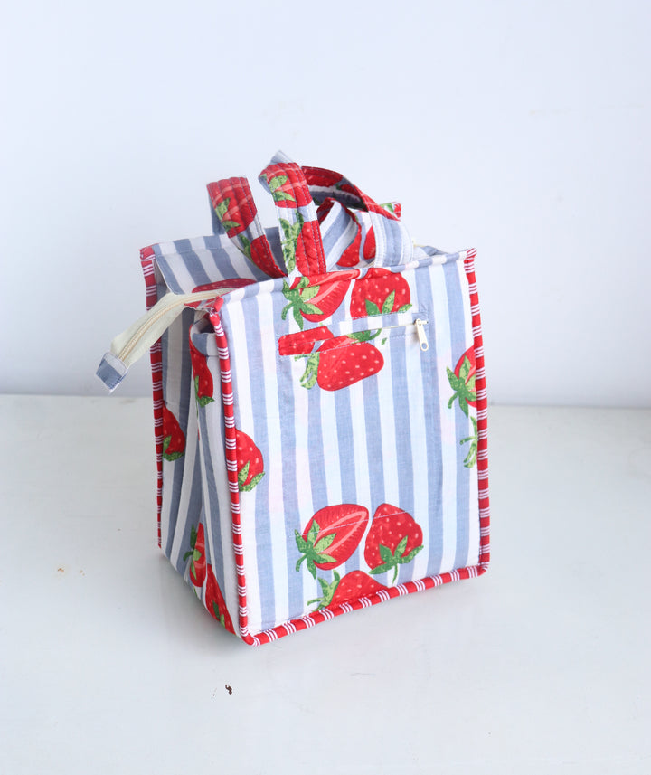 Fruity Mini Tote bags - Lunch tote bag - Boho quilted lunch bags - Grey strawberries