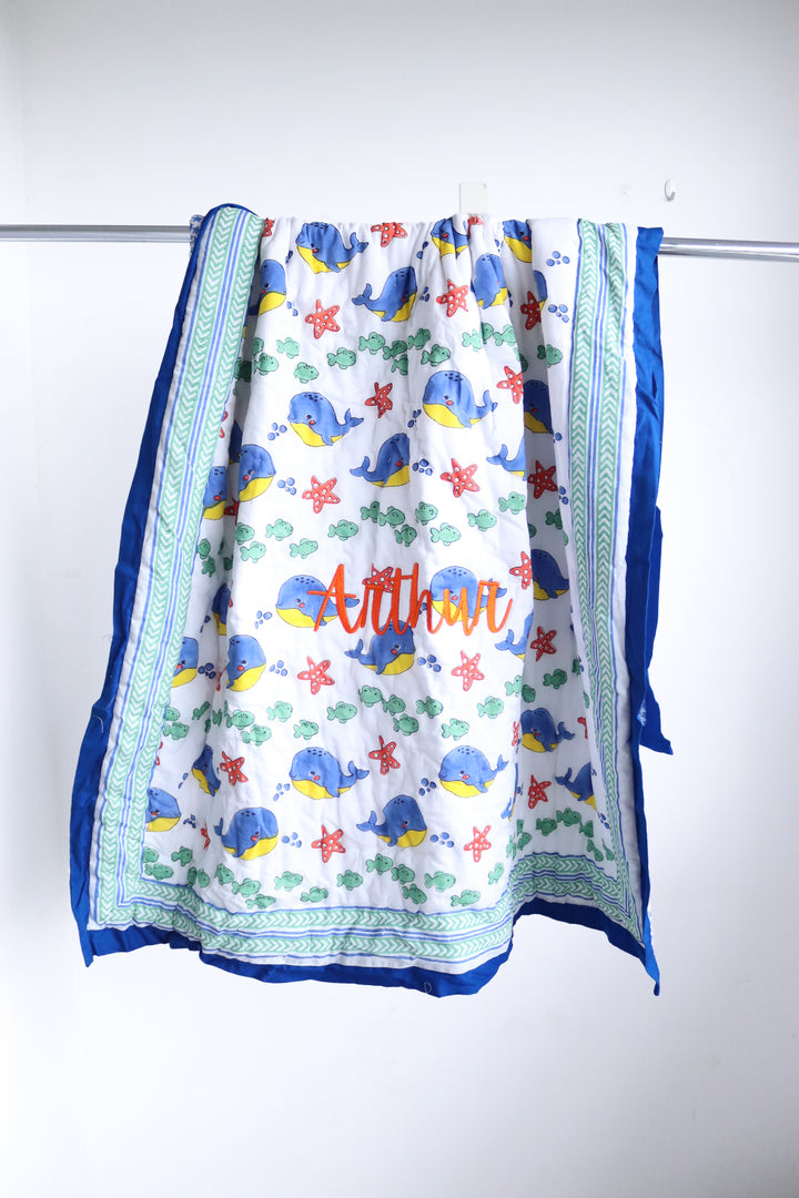 Baby &amp; Toddler Personalized Happy Whales block print quilt - Blue
