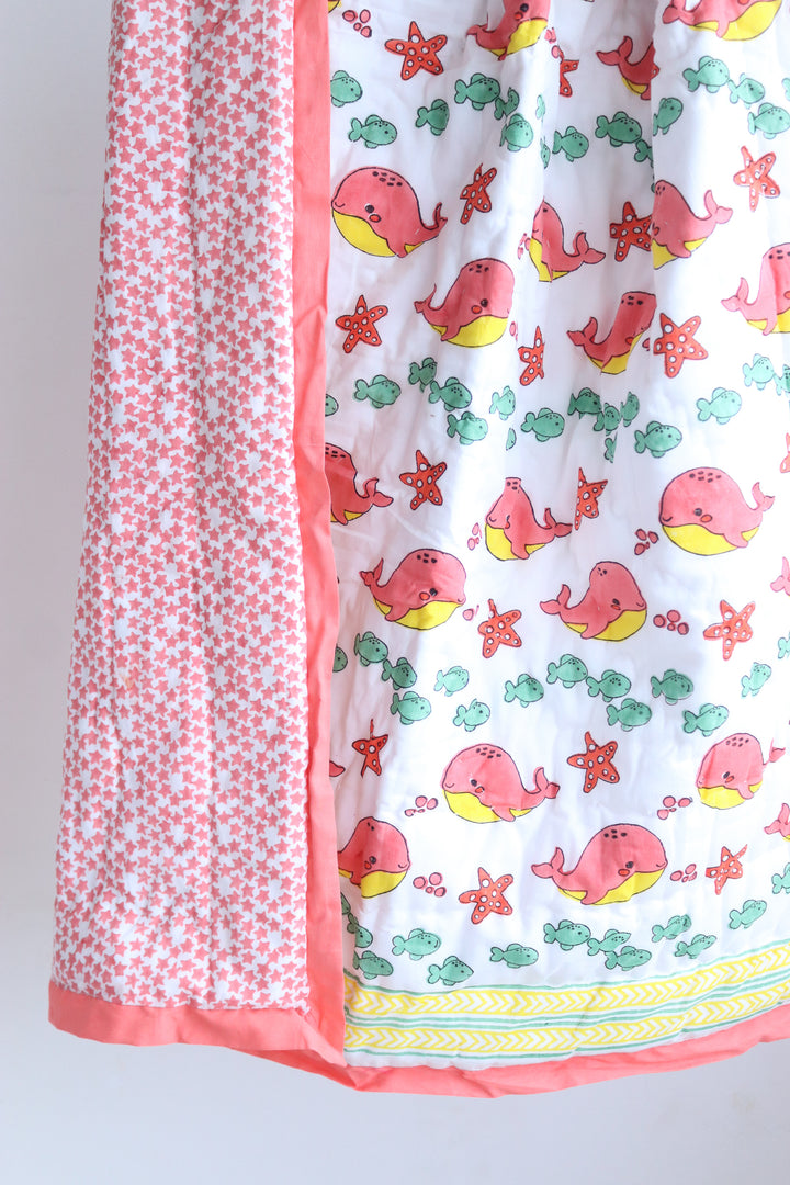 Baby &amp; Toddler Personalized Happy Whales block print quilt - Coral