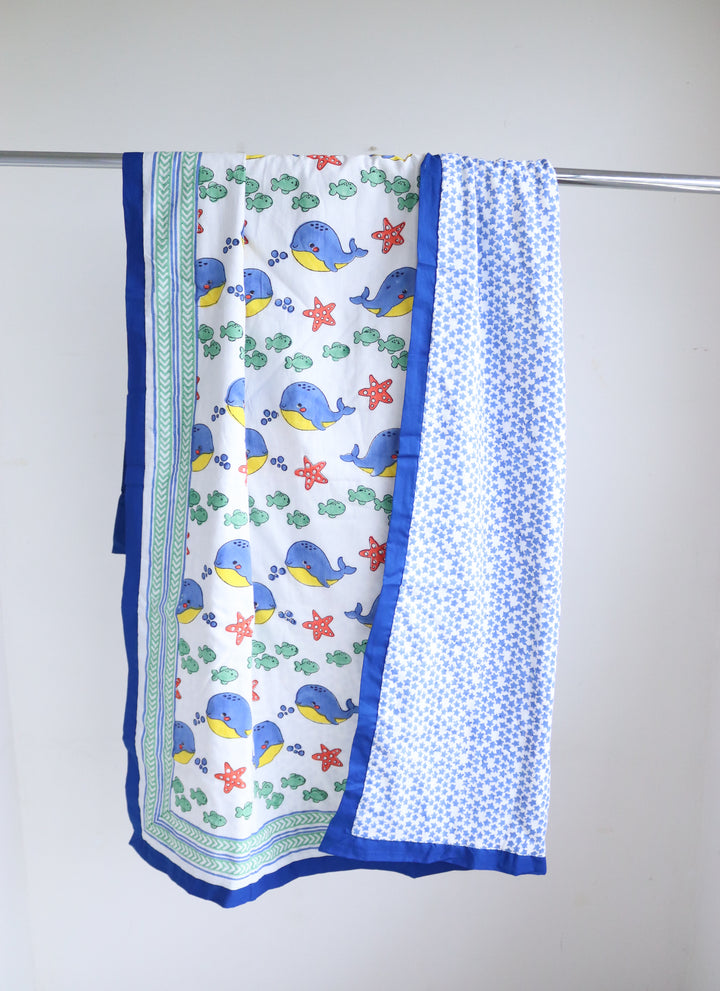 Personalized Mulmul Baby &amp; Toddler Dohar - Blue Happy Whales