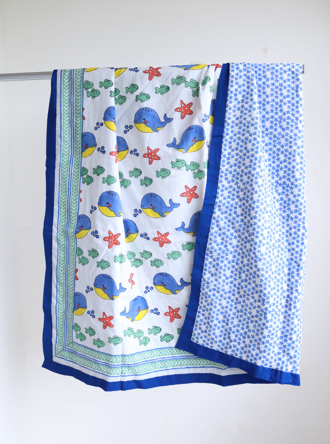 Personalized Mulmul Baby &amp; Toddler Dohar - Blue Happy Whales