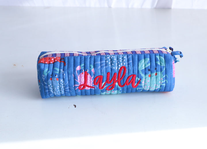 Personalized Block Print Round Pencil Pouch - Custom Name