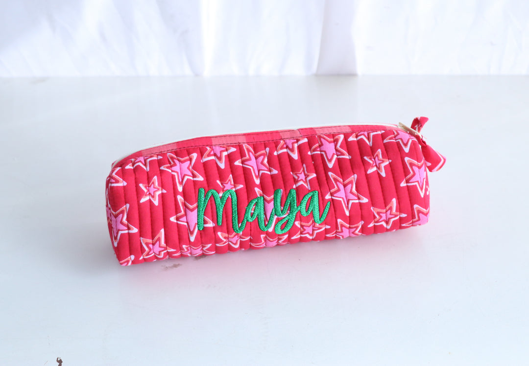 Personalized Block Print Round Pencil Pouch - Custom Name