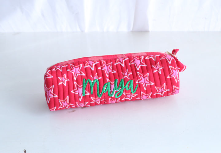 Personalized Block Print Round Pencil Pouch - Custom Name