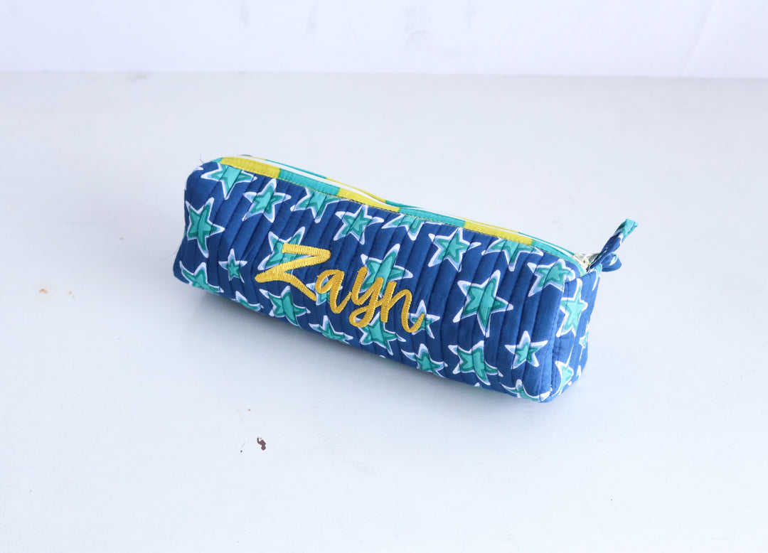 Personalized Block Print Round Pencil Pouch - Custom Name
