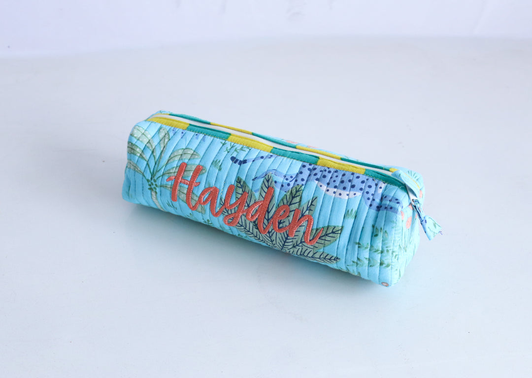 Personalized Block Print Round Pencil Pouch - Custom Name