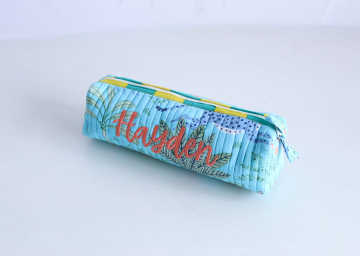 Personalized Block Print Round Pencil Pouch - Custom Name