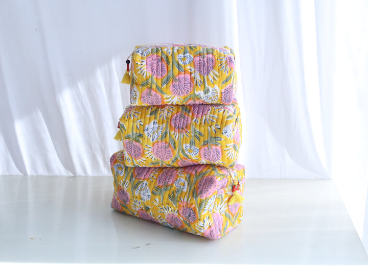 Block Print Make up Bags Set of 3 - Travel Pouch Set - Yellow