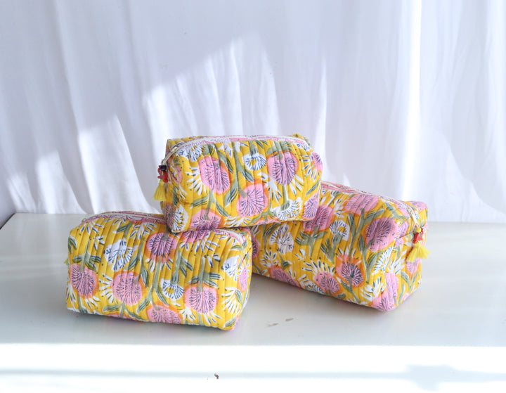 Block Print Make up Bags Set of 3 - Travel Pouch Set - Yellow