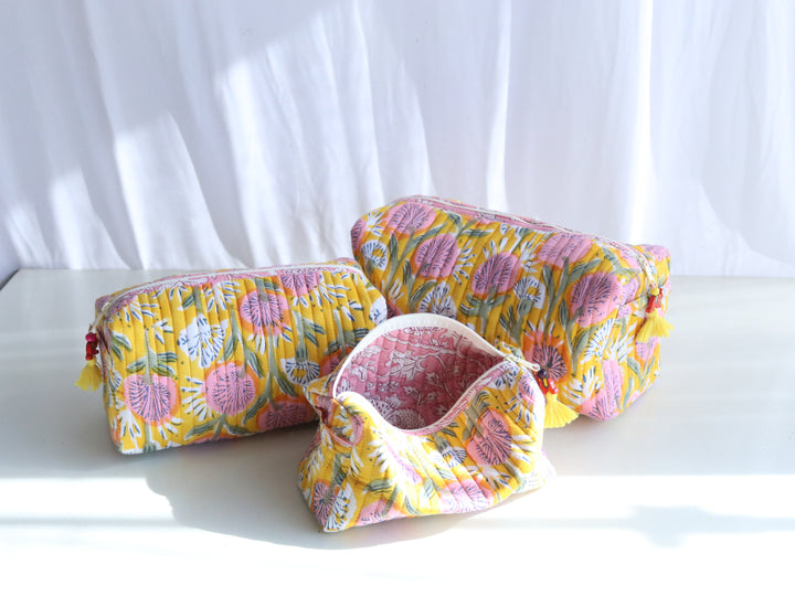 Block Print Make up Bags Set of 3 - Travel Pouch Set - Yellow