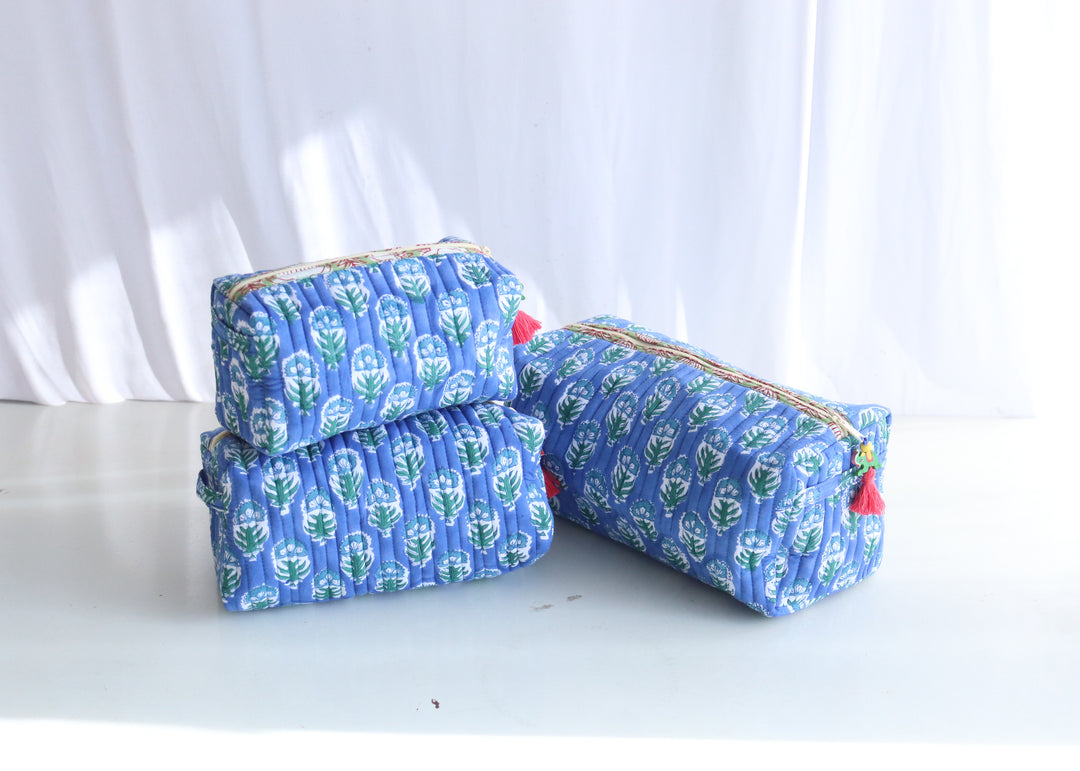 Block Print Make up Bags Set of 3 - Travel Pouch Set - Blue