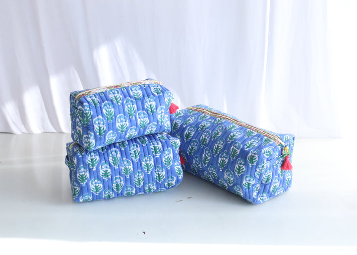 Block Print Make up Bags Set of 3 - Travel Pouch Set - Blue