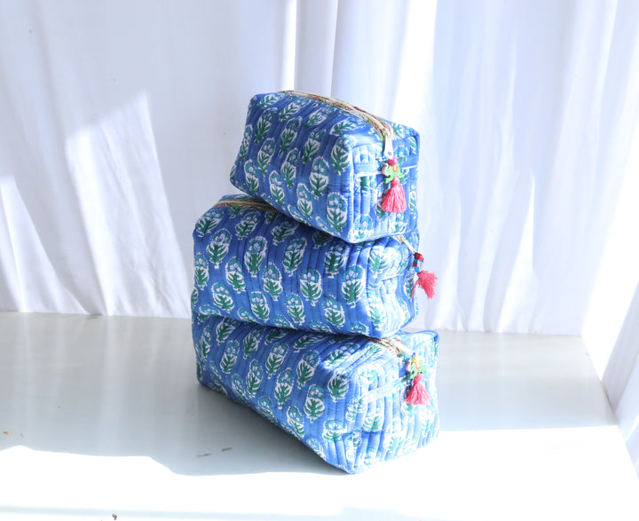 Block Print Make up Bags Set of 3 - Travel Pouch Set - Blue