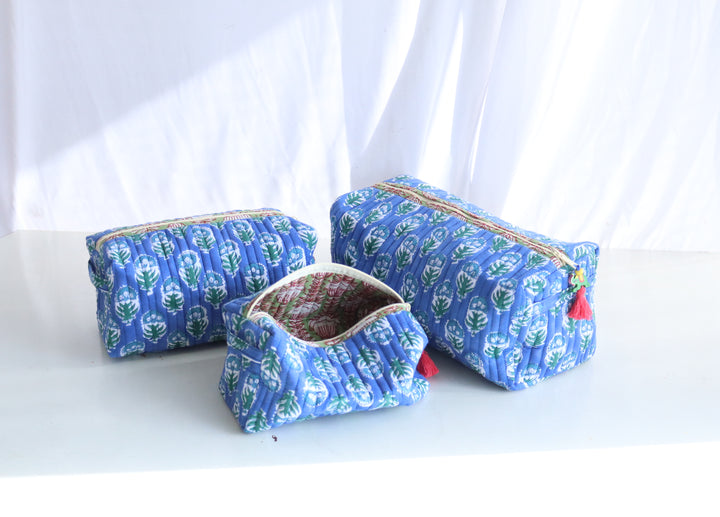 Block Print Make up Bags Set of 3 - Travel Pouch Set - Blue
