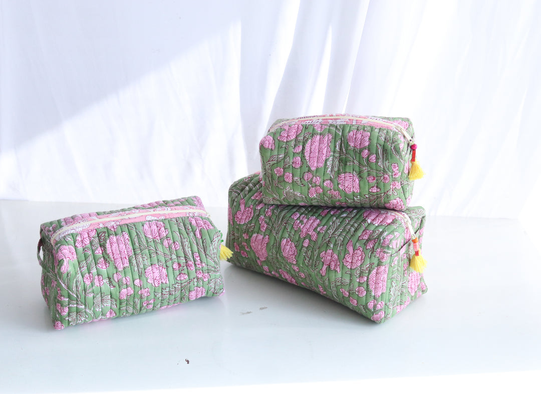 Block Print Make up Bags Set of 3 - Travel Pouch Set - Green