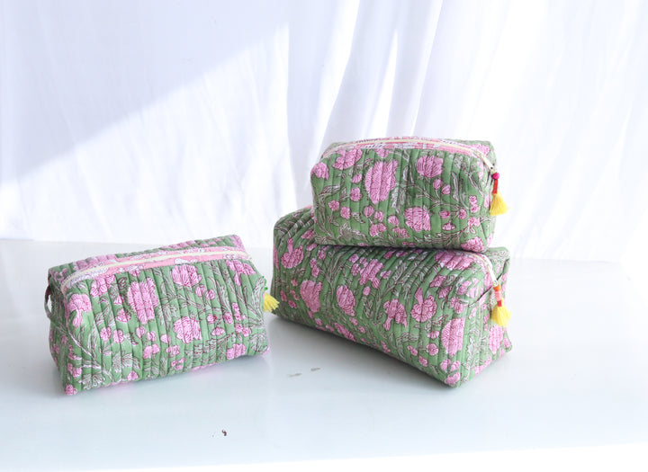 Block Print Make up Bags Set of 3 - Travel Pouch Set - Green