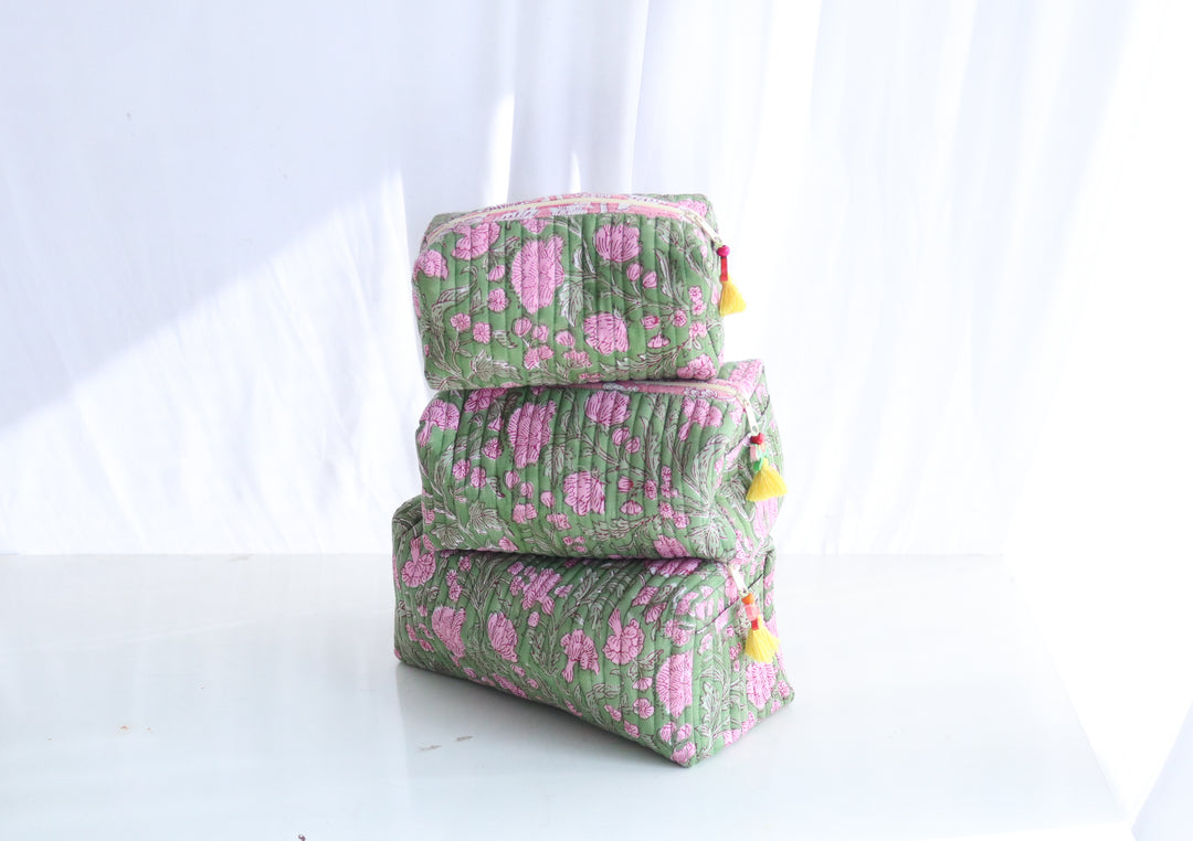 Block Print Make up Bags Set of 3 - Travel Pouch Set - Green
