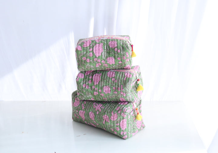Block Print Make up Bags Set of 3 - Travel Pouch Set - Green
