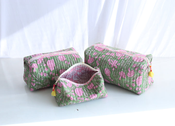 Block Print Make up Bags Set of 3 - Travel Pouch Set - Green