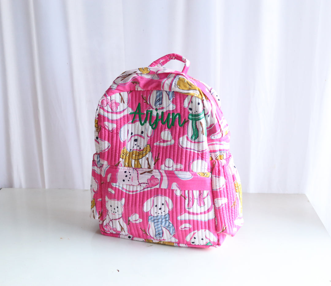 Personalized Kids Quilted block print toddler back pack - Pink Snow Dogs