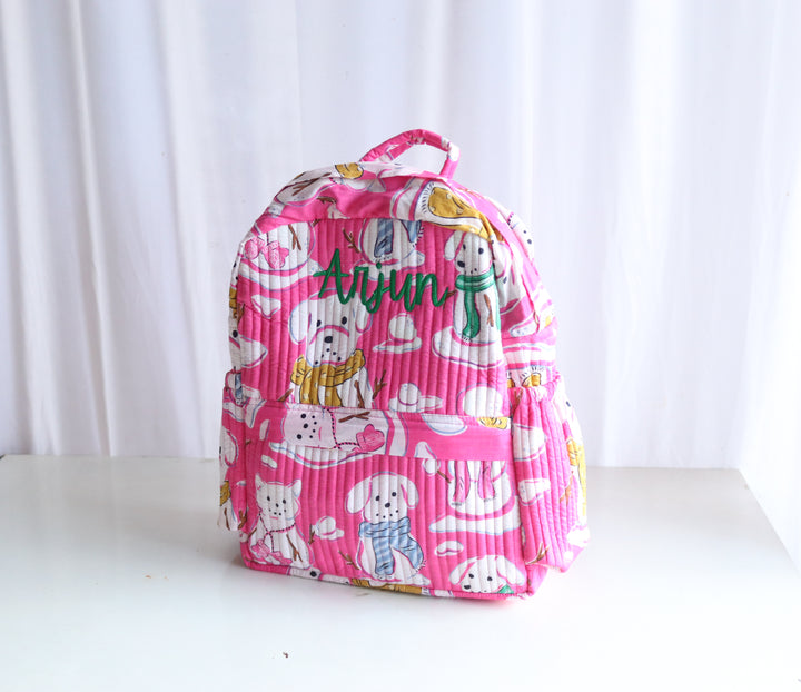 Personalized Kids Quilted block print toddler back pack - Pink Snow Dogs