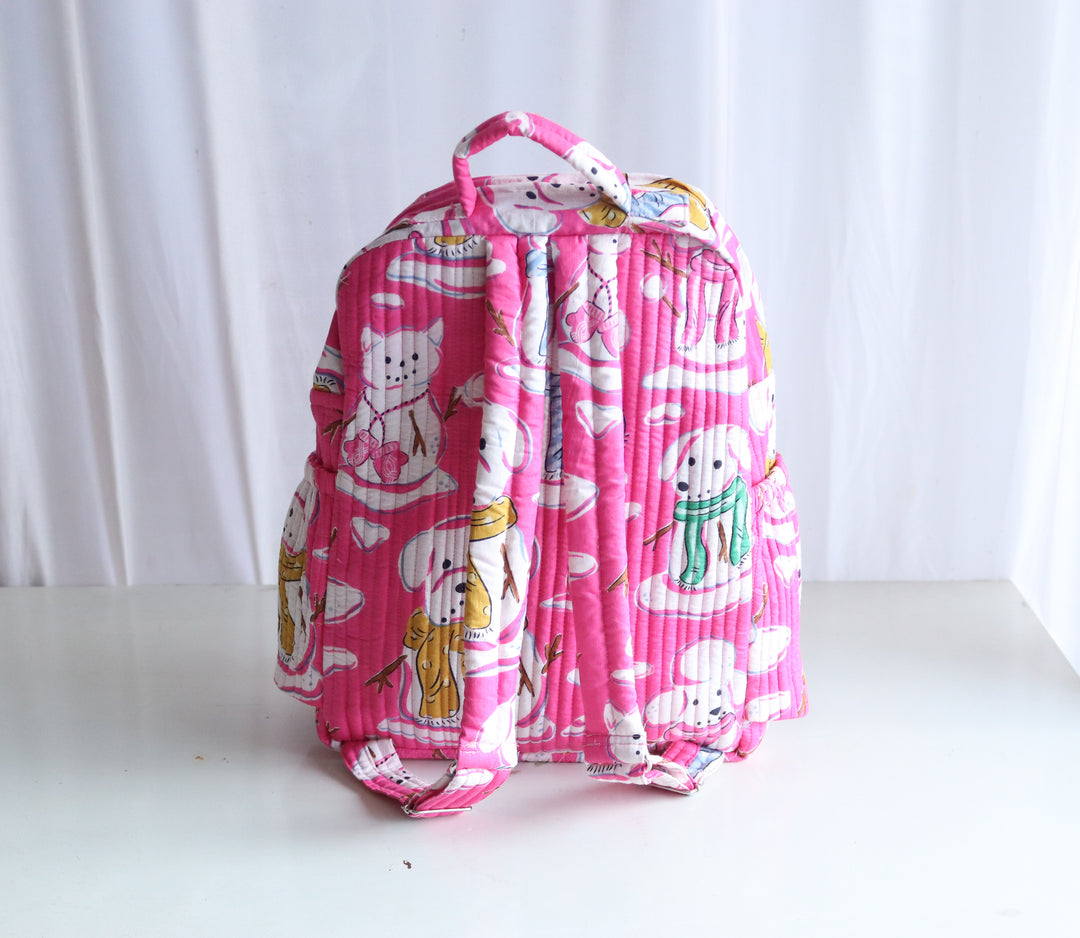 Personalized Kids Quilted block print toddler back pack - Pink Snow Dogs