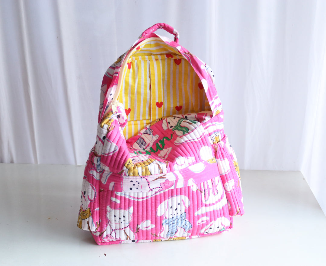 Personalized Kids Quilted block print toddler back pack - Pink Snow Dogs