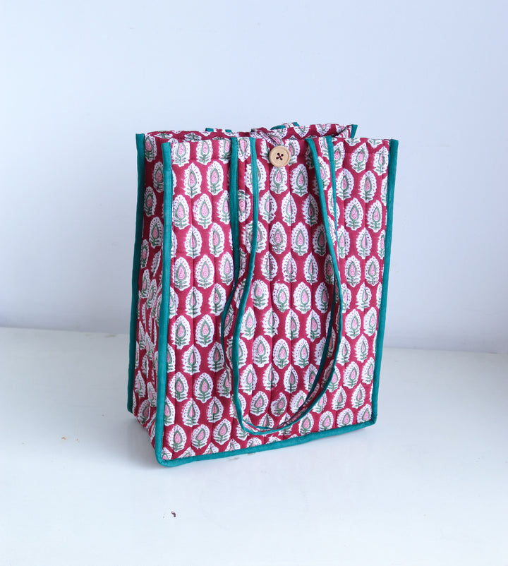 Block Print Quilted Tote Bag - Red - Everyday Shopping Bag