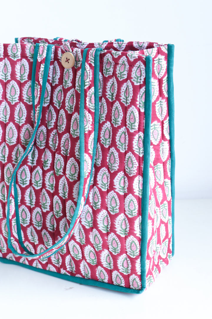Block Print Quilted Tote Bag - Red - Everyday Shopping Bag