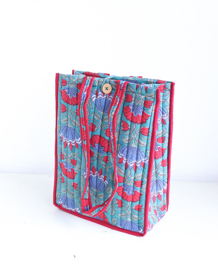 Block Print Quilted Tote Bag - Dark Green - Everyday Shopping Bag